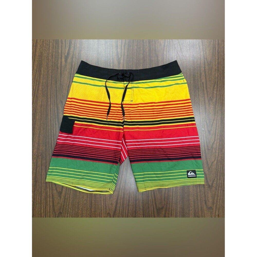 Quiksilver Men’s Striped Boardshorts - Red/Yellow/Green Y2K size 34